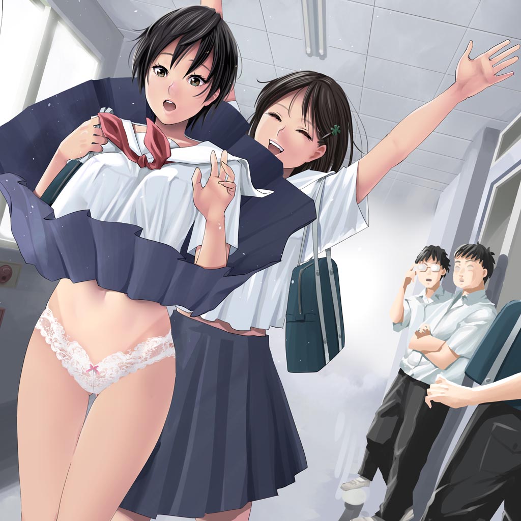女友達に思いっきりスカートめくられてパンツモロ晒しちゃってる瞬間を捉えた貴重な映像w スカートめくり二次エロ画像